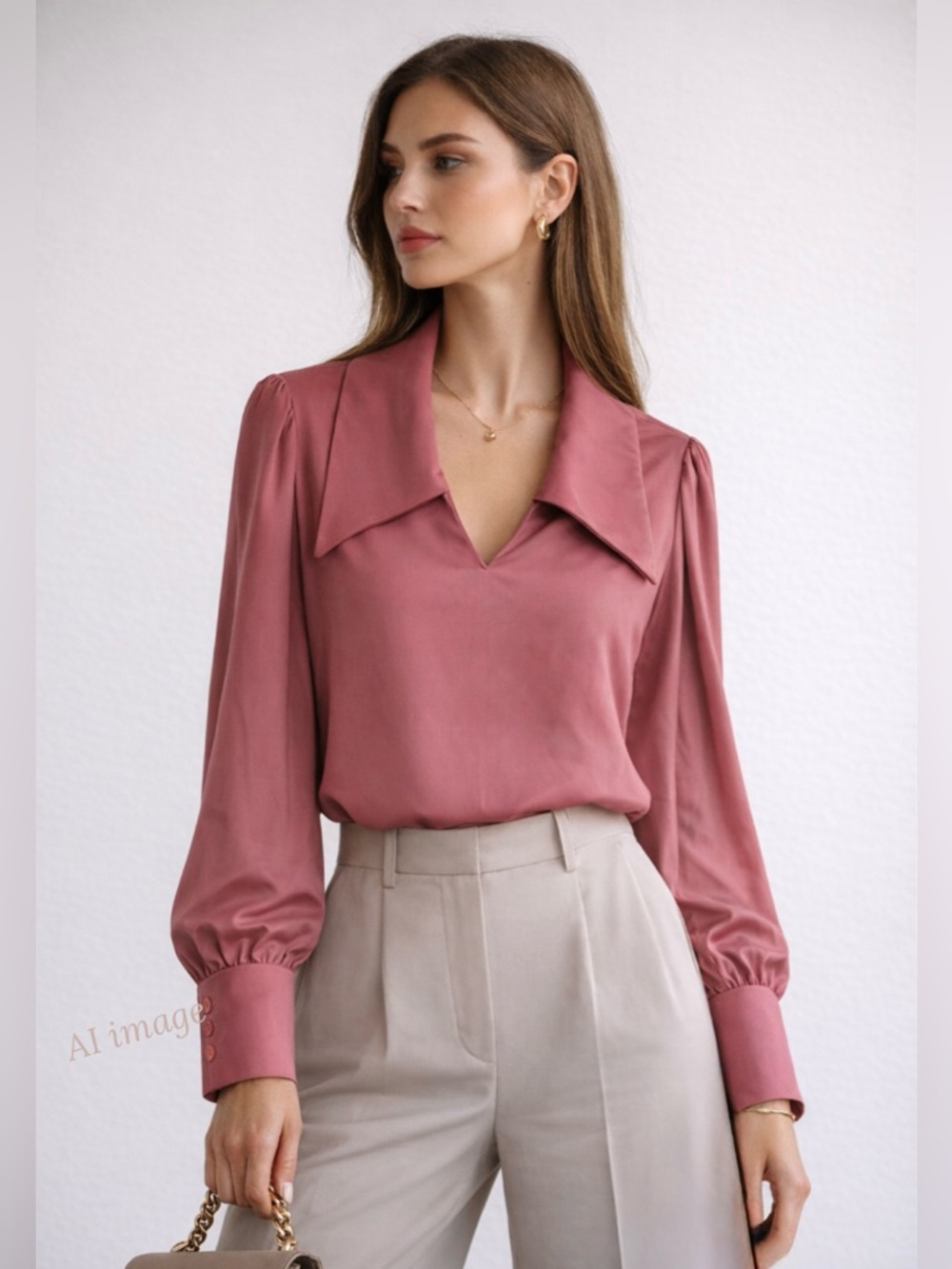 Vintage 70s Dusty Rose Blouse Wide Collar Puff Sleeve Statement Cuff L